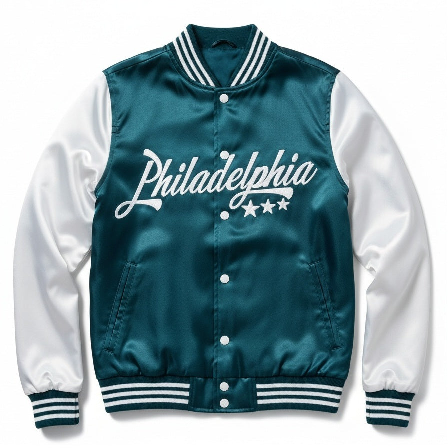 16 Pack Adult Lightweight Green / White Satin Jacket with Philadelphia Embroidery