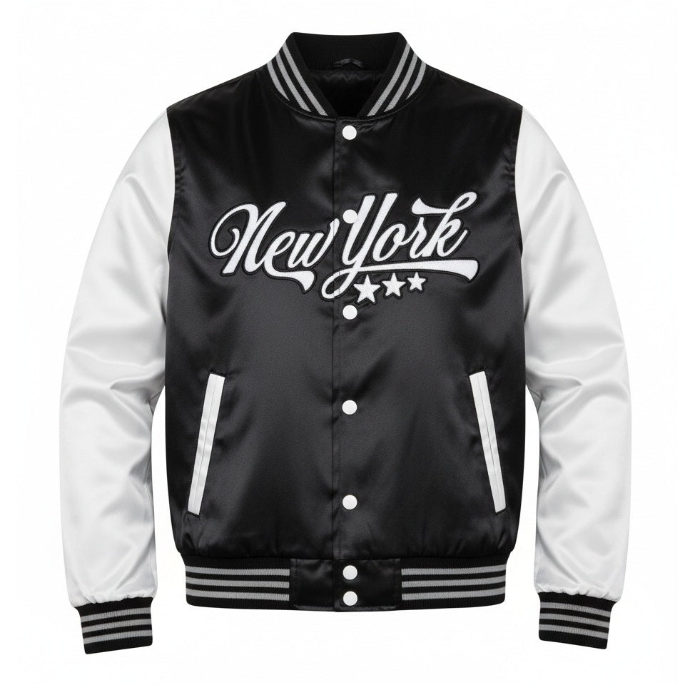 16 Pack Adult Lightweight Black / White Satin Jacket with New York Embroidery