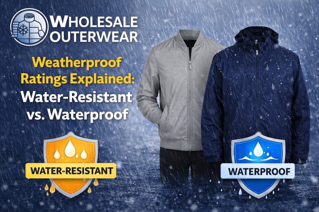 Side-by-side jackets shown in a rainy setting comparing water-resistant and waterproof outerwear, with graphics explaining weatherproof ratings.