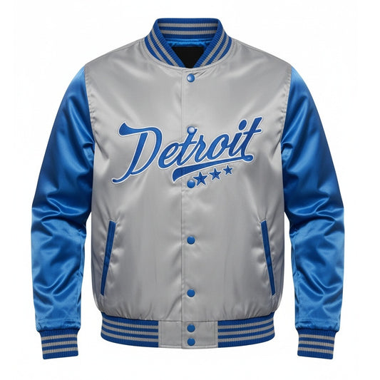 16 Pack Adult Lightweight Grey / Blue Satin Jacket with Detroit Embroidery