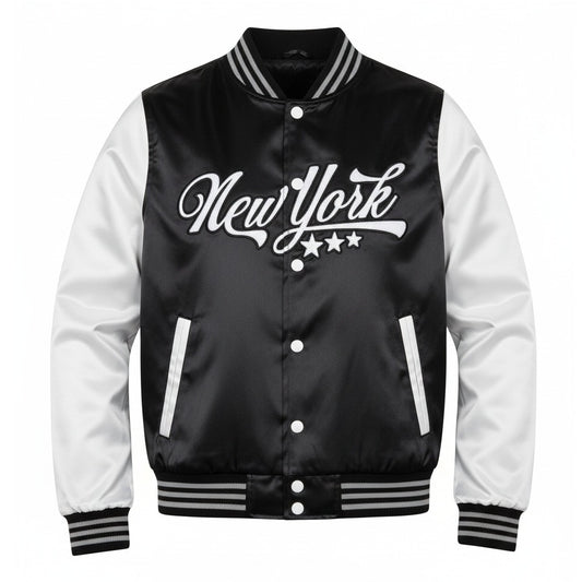 16 Pack Adult Lightweight Black / White Satin Jacket with New York Embroidery