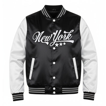 16 Pack Adult Lightweight Black / White Satin Jacket with New York Embroidery