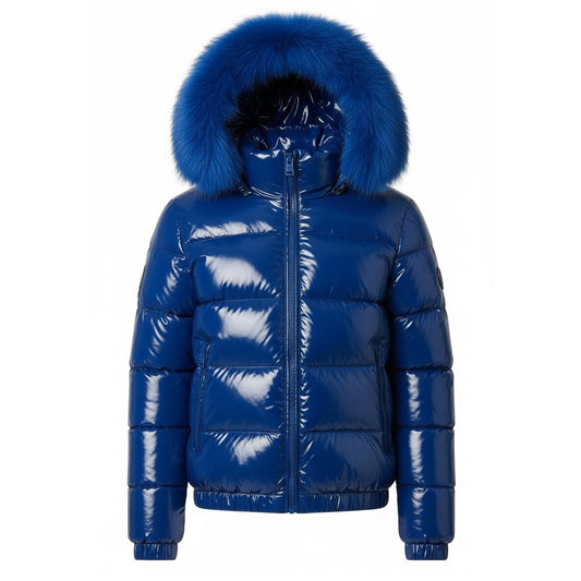 12 Pack Adult Shiny Bubble Jacket with Fur Hood in Royal Blue