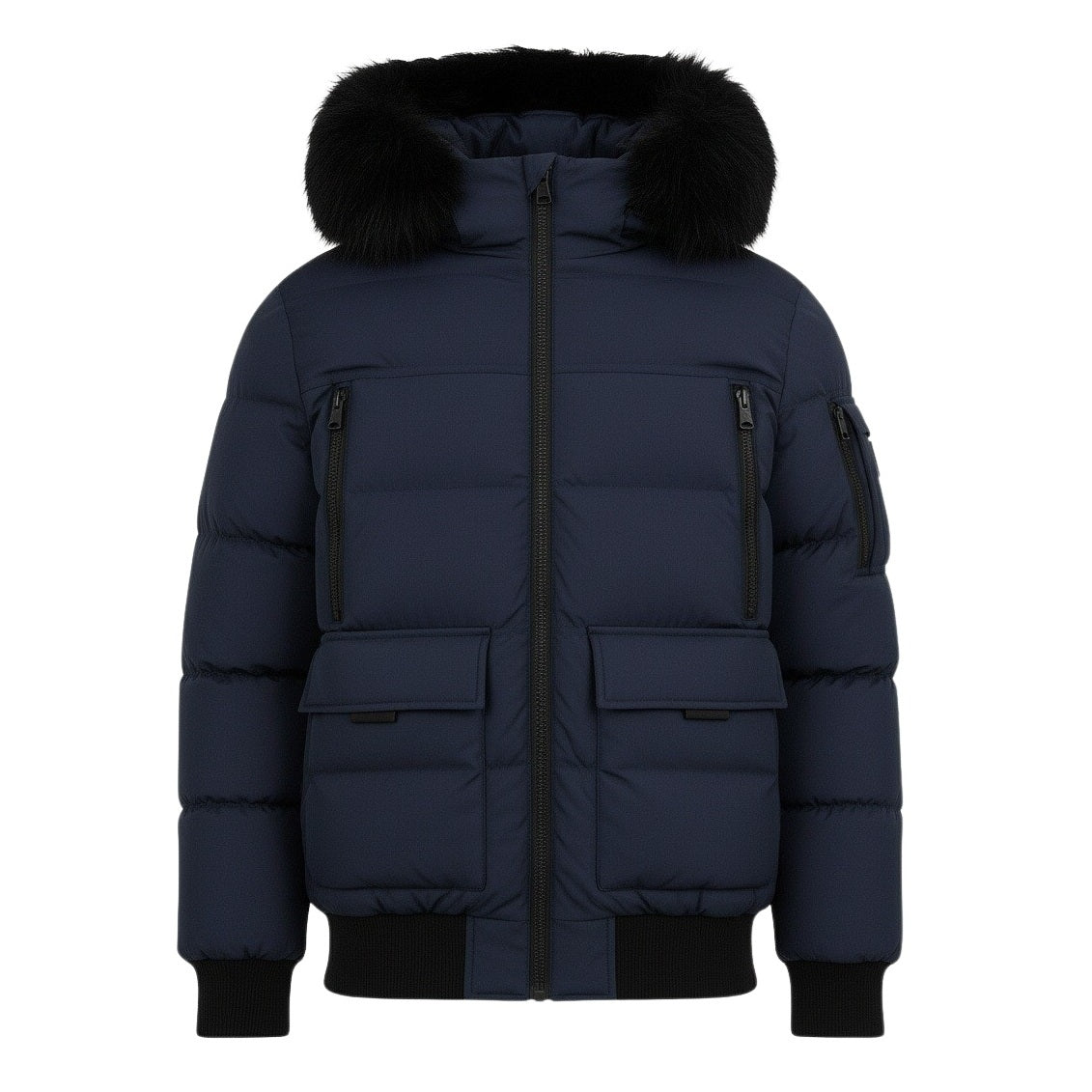 12 Pack Adult Bomber Puffer Jacket with Fur Hood in Navy
