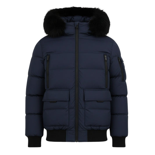 12 Pack Adult Bomber Puffer Jacket with Fur Hood in Navy