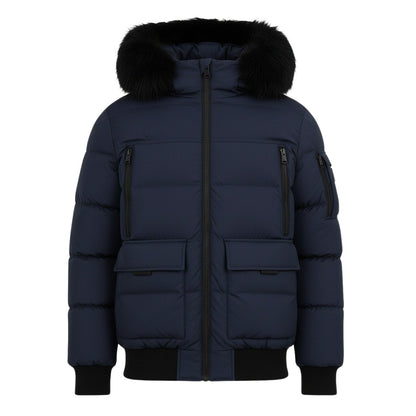 12 Pack Adult Bomber Puffer Jacket with Fur Hood in Navy