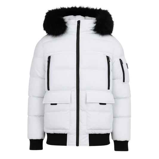 12 Pack Adult Bomber Puffer Jacket with Fur Hood in White