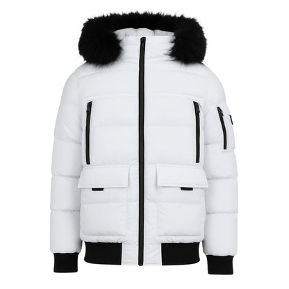 12 Pack Adult Bomber Puffer Jacket with Fur Hood in White