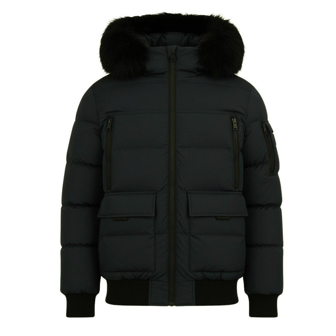 12 Pack Adult Bomber Puffer Jacket with Fur Hood in Black