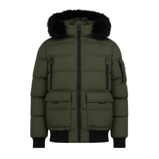 12 Pack Adult Bomber Puffer Jacket with Fur Hood in Olive