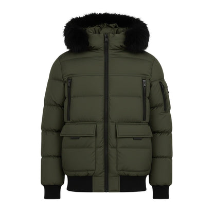 12 Pack Adult Bomber Puffer Jacket with Fur Hood in Olive