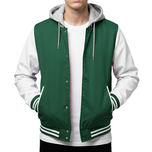 12 Pack Men's Midweight Hooded Varsity Jacket –  Green / White Sleeves