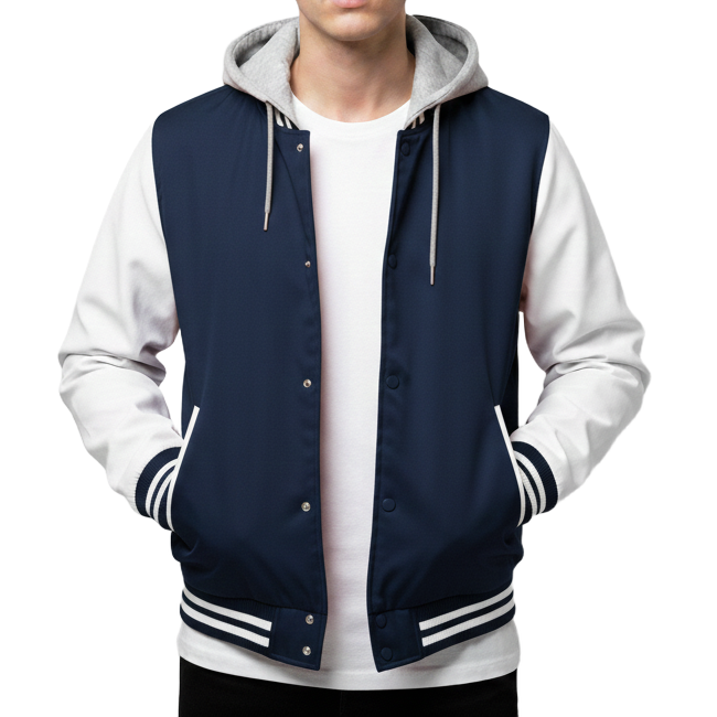 12 Pack Men's Midweight Hooded Varsity Jacket –  Navy / White
