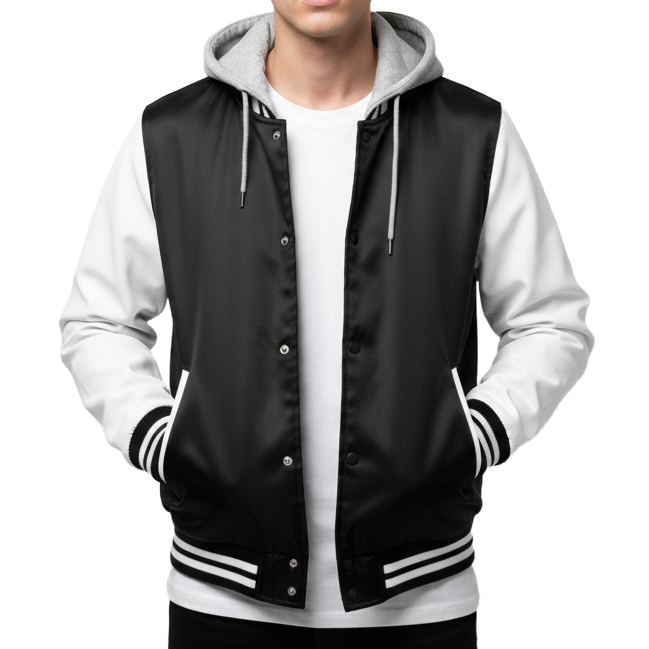 12 Pack Men's Midweight Hooded Varsity Jacket – Black / White Sleeves