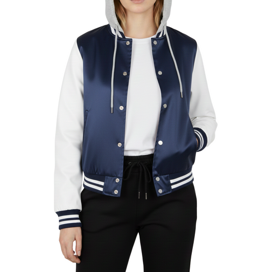 12 Pack Women's Fitted Hooded Varsity Jacket –  Navy / White
