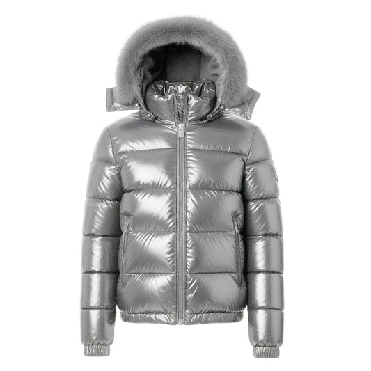 12 Pack Adult Shiny Bubble Jacket with Fur Hood in Silver